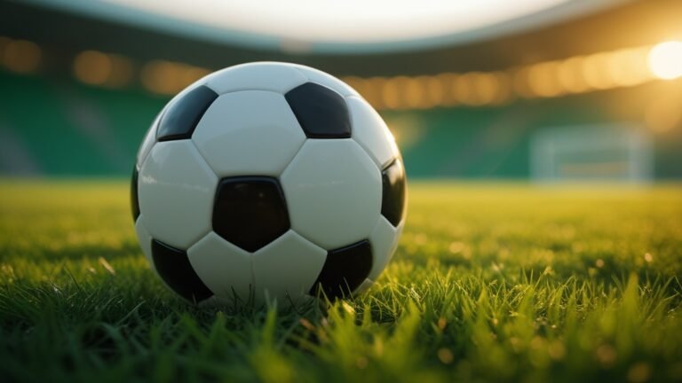 Cận cảnh quả bóng đá trên sân cỏ trong ánh nắng hoàng hôn, gợi nhắc khoảnh khắc bán kết World Cup 2026