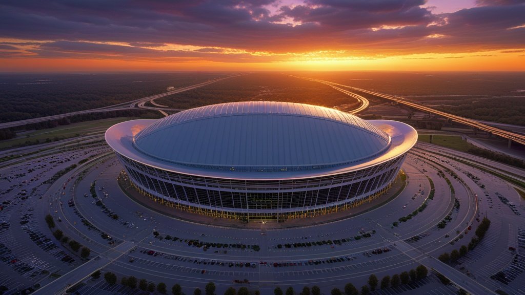 Sân vận động hiện đại nhìn từ trên cao lúc hoàng hôn, minh họa MetLife Stadium nơi diễn ra trận chung kết World Cup 2026