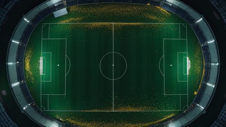 Góc nhìn từ trên cao sân vận động về đêm trước trận chung kết World Cup, pháo giấy vàng rực rỡ