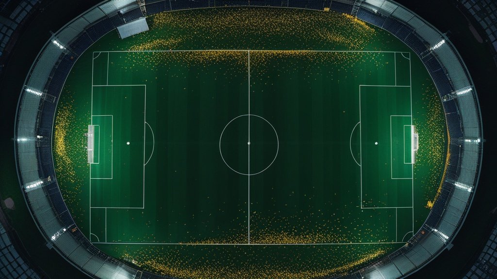 Góc nhìn từ trên cao sân vận động về đêm trước trận chung kết World Cup, pháo giấy vàng rực rỡ