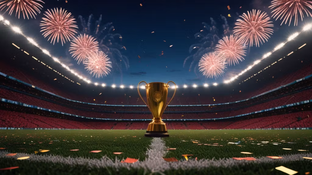 Pháo hoa và confetti ăn mừng tại sân vận động bóng đá