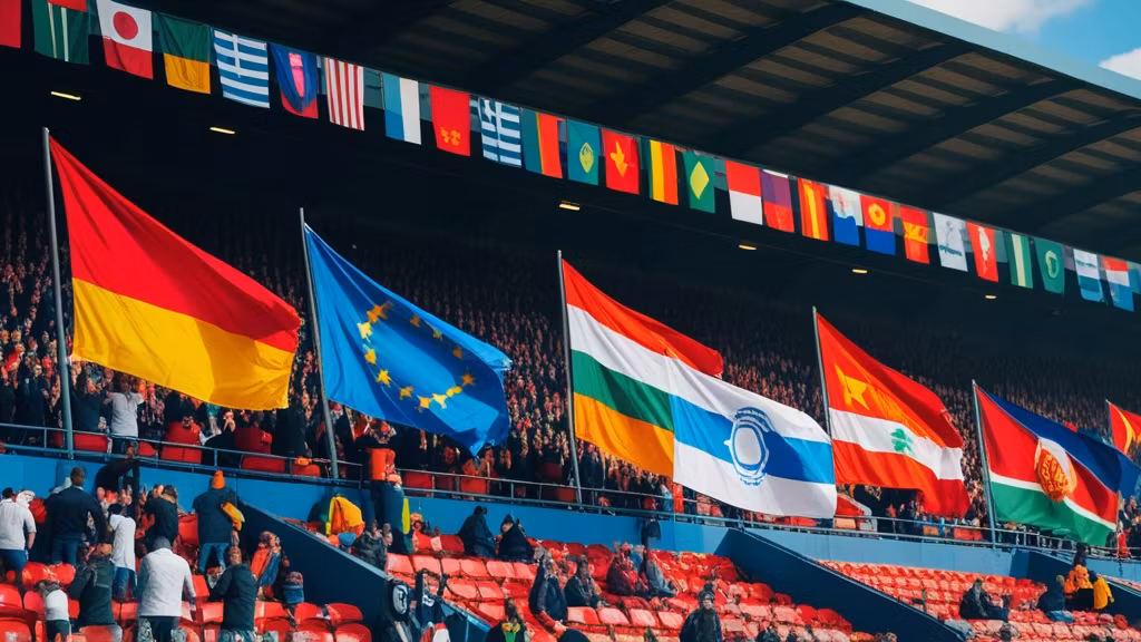 Cờ các quốc gia tung bay trên khán đài World Cup