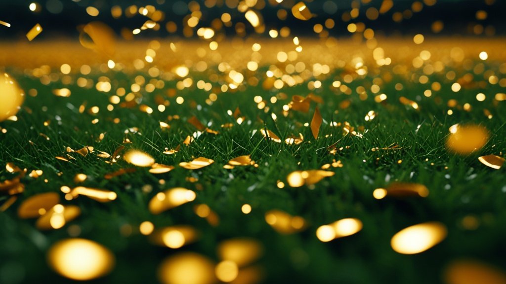 Cận cảnh confetti vàng rơi trên sân cỏ, biểu tượng so sánh định dạng World Cup